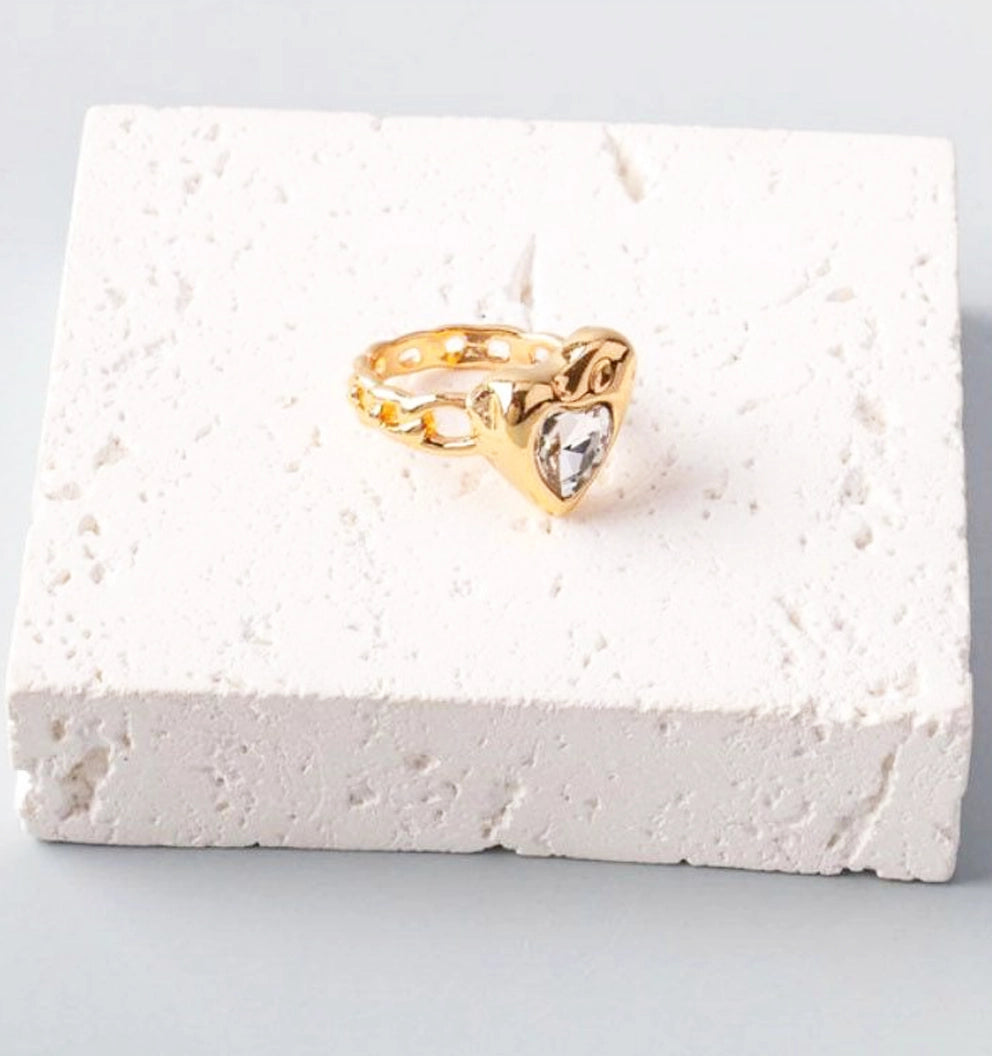 Chain Heart Crystal Ring | Gold & Silver Tone Chain Band | Clear Cubic Zirconia Statement Ring