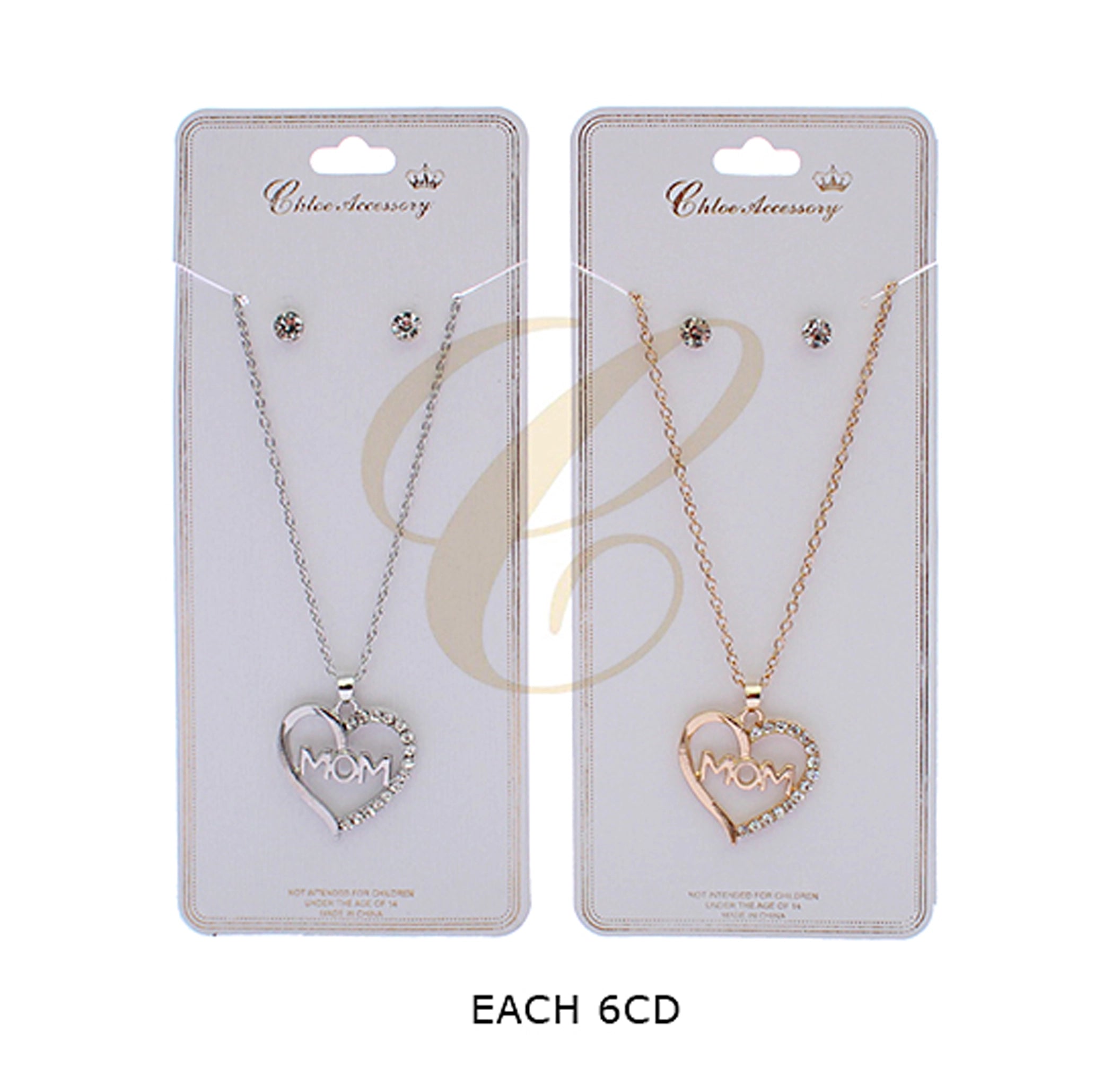 Mom Heart Necklace and Stud Earring Set – Gold & Silver Tone Rhinestone "MOM" Pendant Jewelry Gift Set (RNK-0710GS)