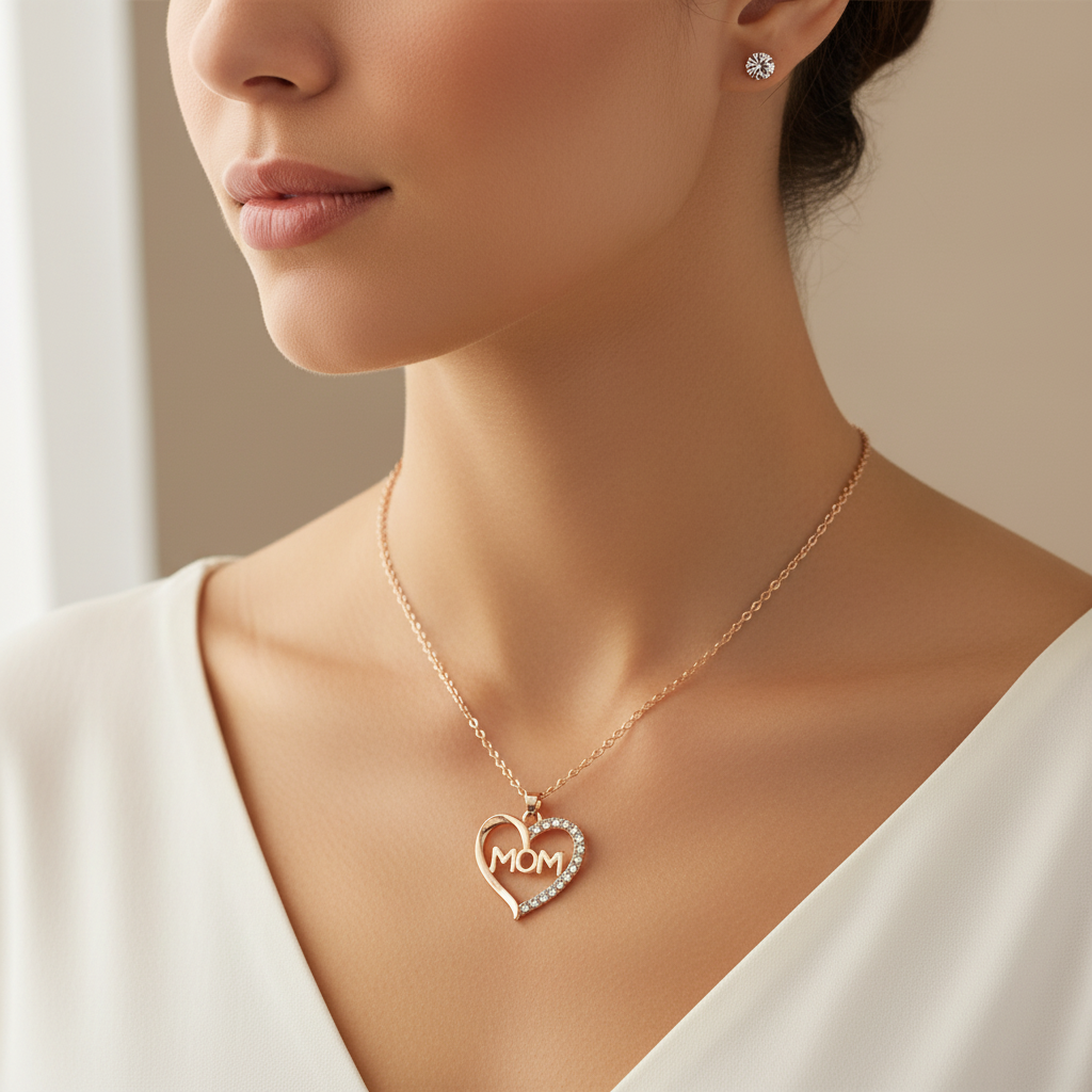 Mom Heart Necklace and Stud Earring Set – Gold & Silver Tone Rhinestone "MOM" Pendant Jewelry Gift Set (RNK-0710GS)