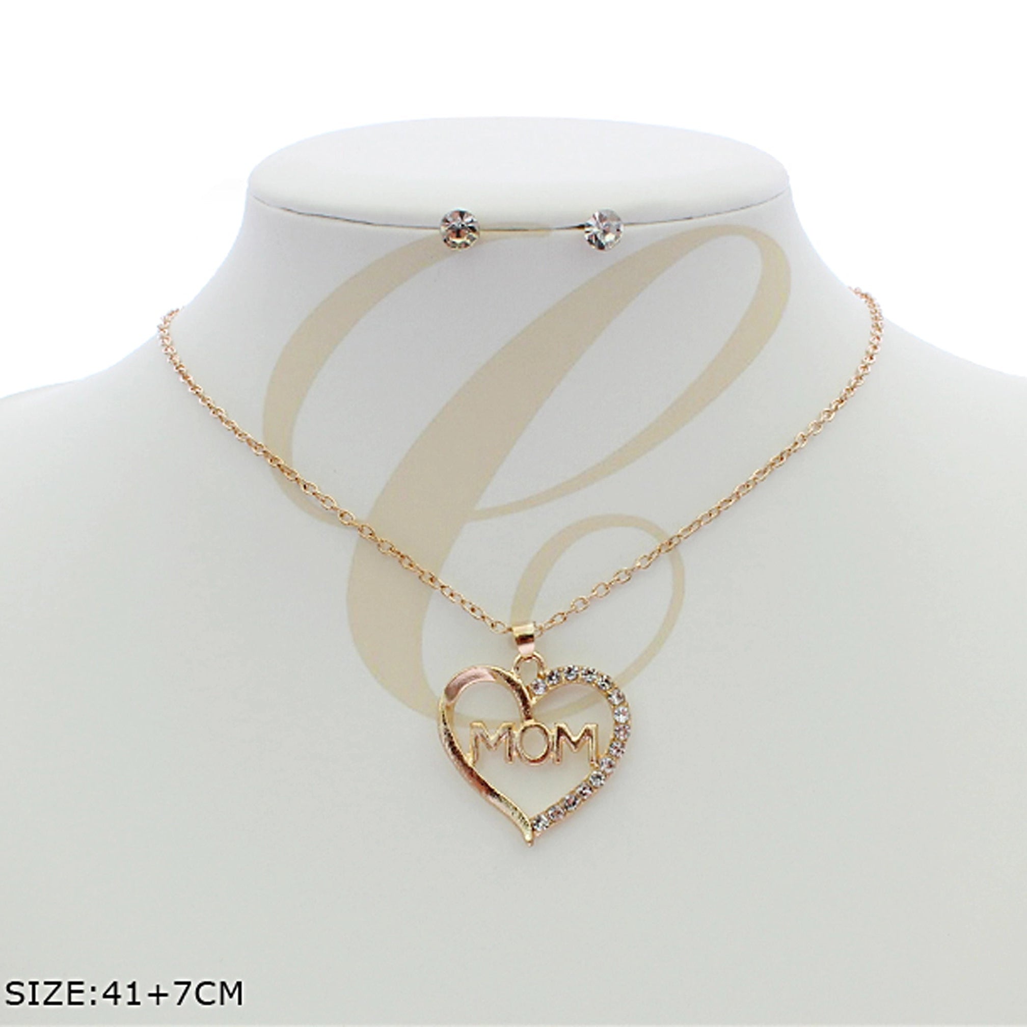 Mom Heart Necklace and Stud Earring Set – Gold & Silver Tone Rhinestone "MOM" Pendant Jewelry Gift Set (RNK-0710GS)