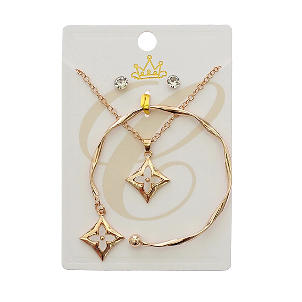 Elegant Quatrefoil Jewelry Set - Necklace, Bangle & Stud Earrings (RNK-0824GS)