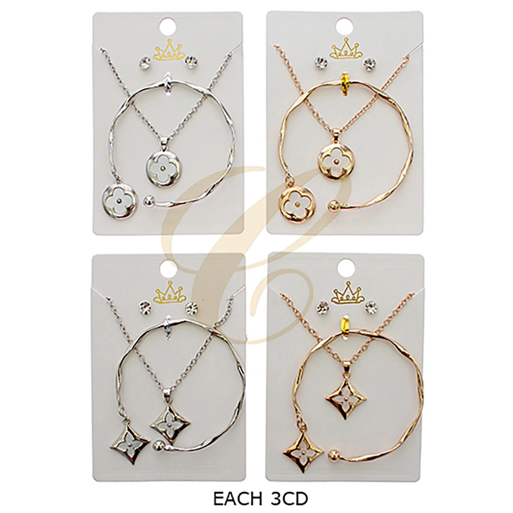Elegant Quatrefoil Jewelry Set - Necklace, Bangle & Stud Earrings (RNK-0824GS)