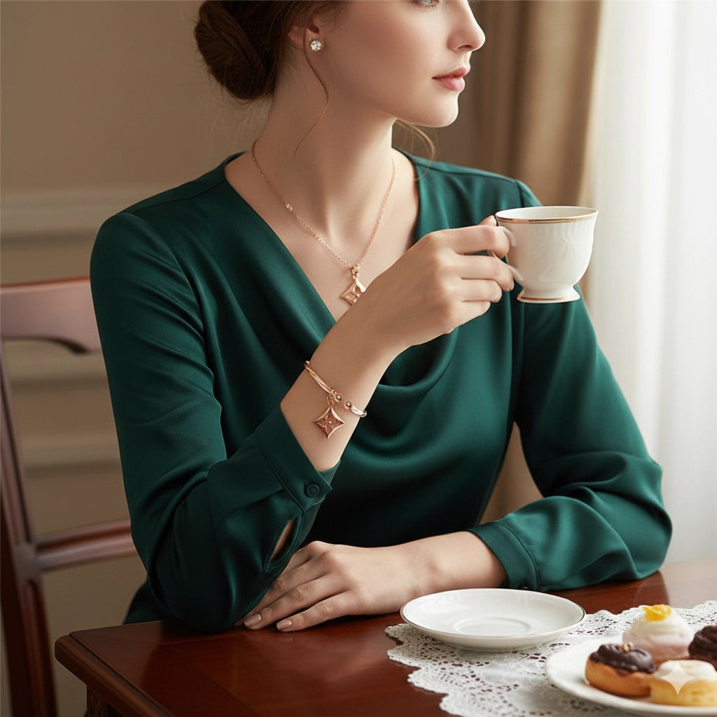 Elegant Quatrefoil Jewelry Set - Necklace, Bangle & Stud Earrings (RNK-0824GS)