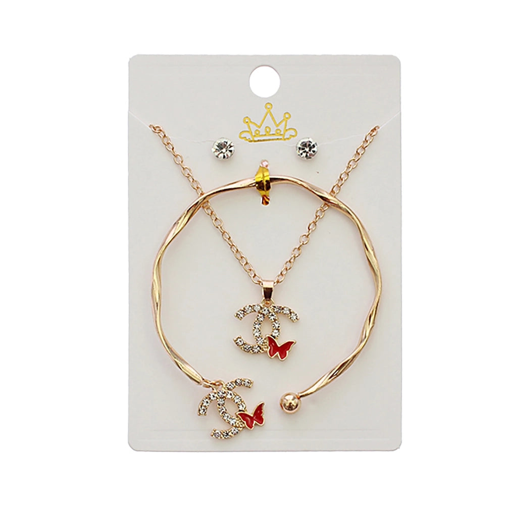 Luxe Butterfly & Rhinestone Embellished 4-Piece Jewelry Set – Necklace, Cuff Bracelet, & Stud Earrings (RNK-0827R6)