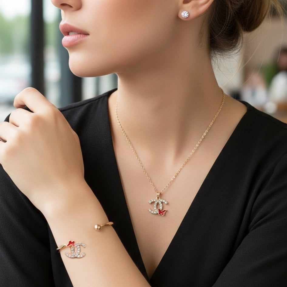 Luxe Butterfly & Rhinestone Embellished 4-Piece Jewelry Set – Necklace, Cuff Bracelet, & Stud Earrings (RNK-0827R6)