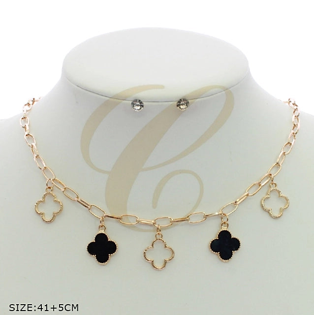 Elegant Clover Charm Necklace and Stud Earring Set (RNK-0831R6)