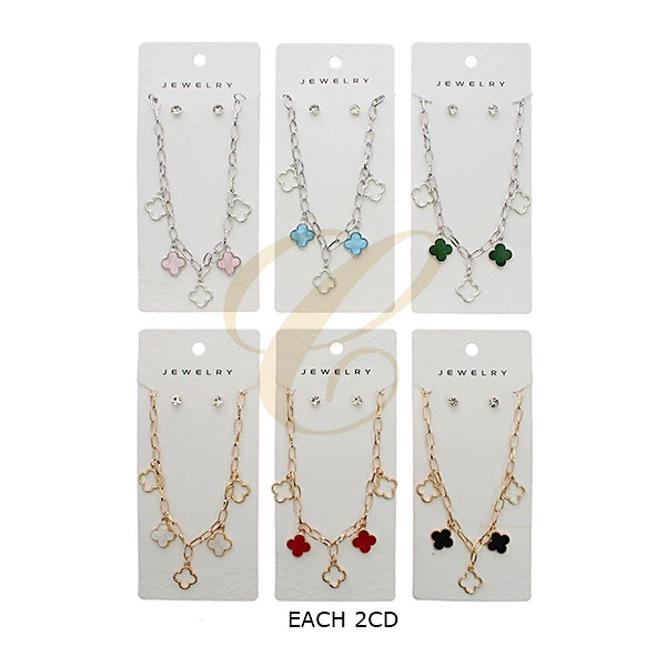 Elegant Clover Charm Necklace and Stud Earring Set (RNK-0831R6)