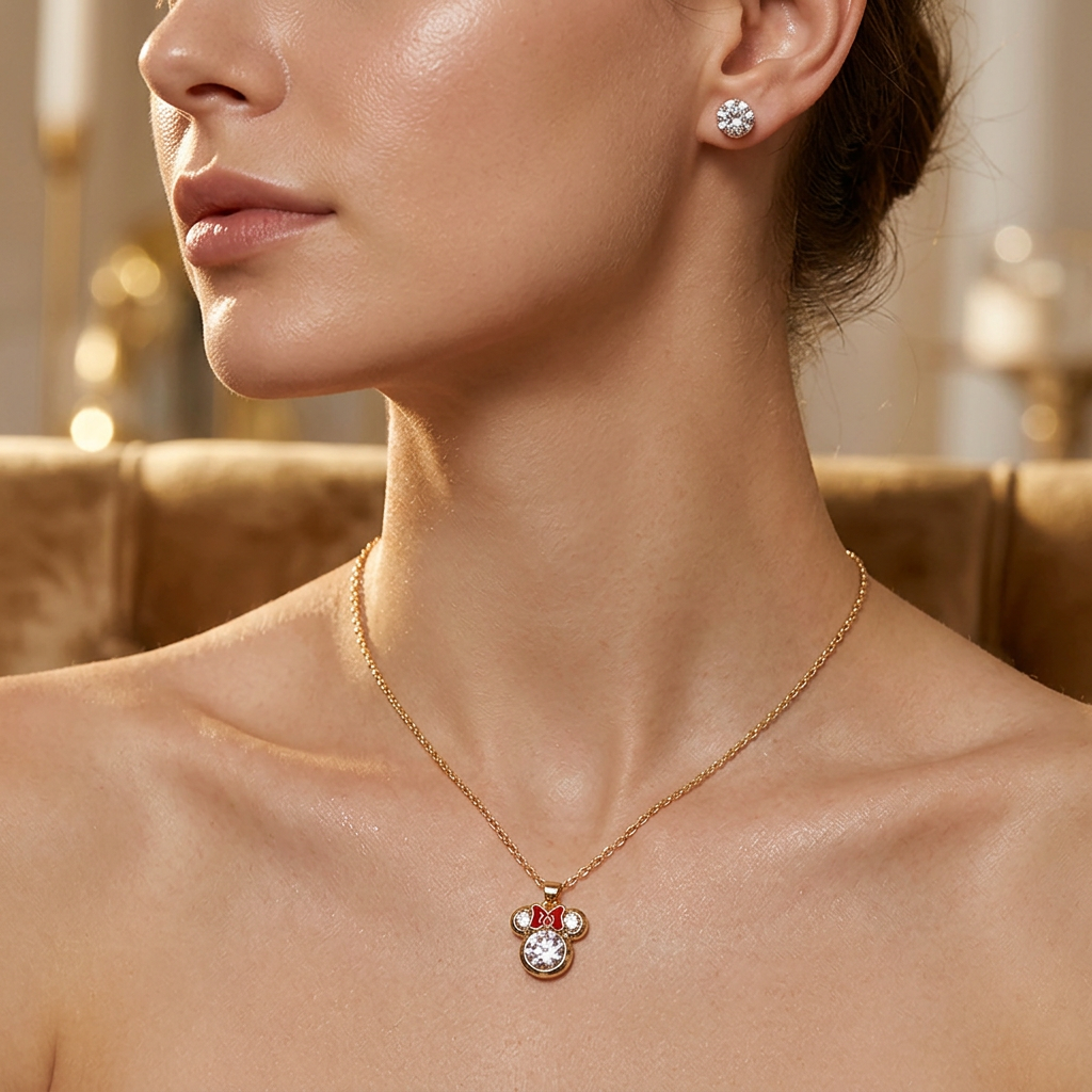 Sparkling Cubic Zirconia Mouse Ears Pendant Necklace & Stud Earrings Set – Whimsical Bow Silhouette Jewelry Set (RNK-0834R4)