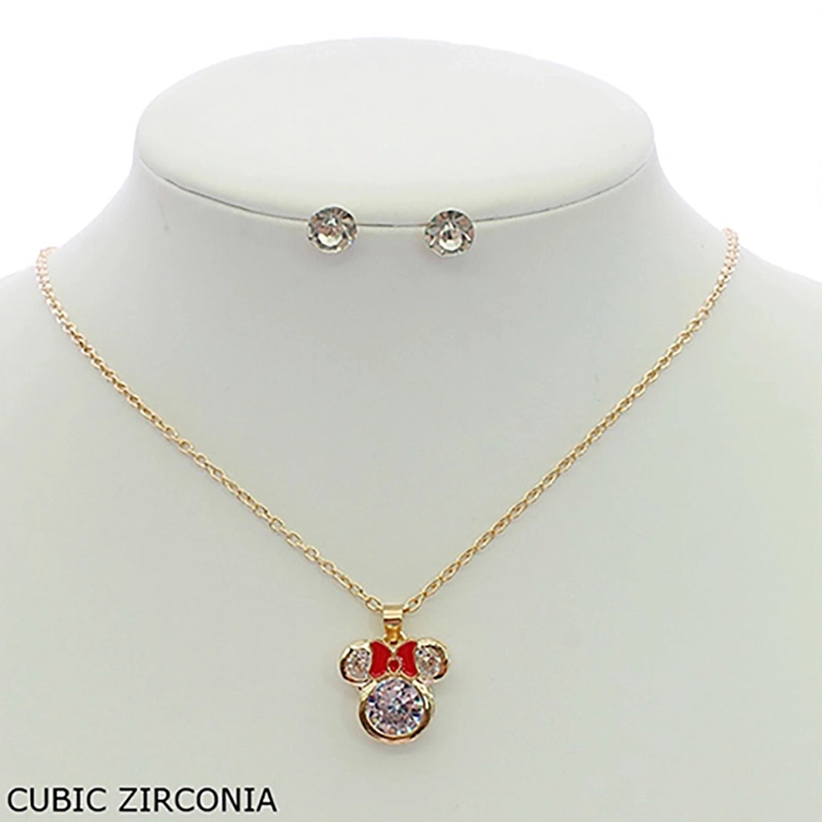 Sparkling Cubic Zirconia Mouse Ears Pendant Necklace & Stud Earrings Set – Whimsical Bow Silhouette Jewelry Set (RNK-0834R4)