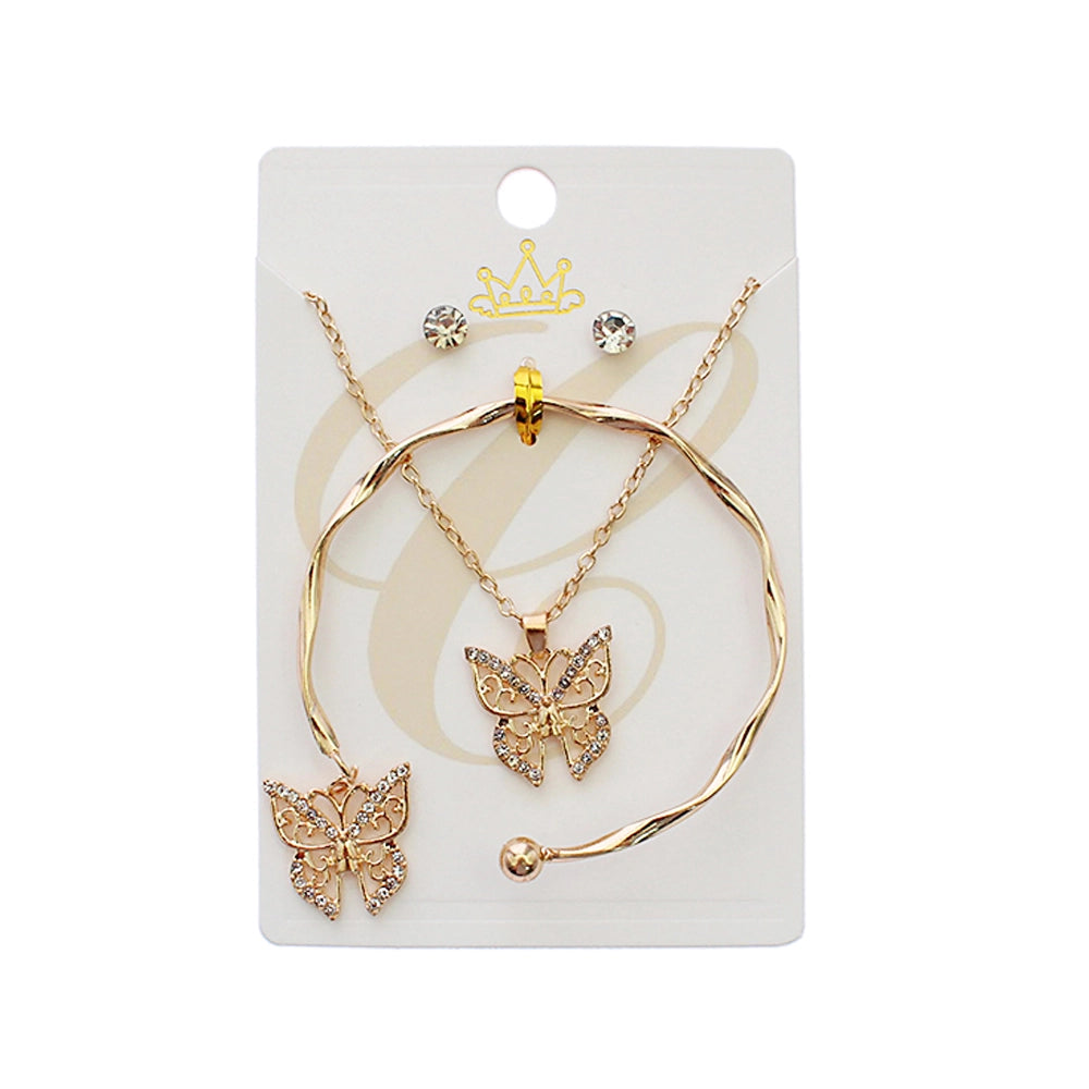 Dazzling 3-Piece Butterfly Jewelry Set: Gold Tone Rhinestone Necklace & Bracelet