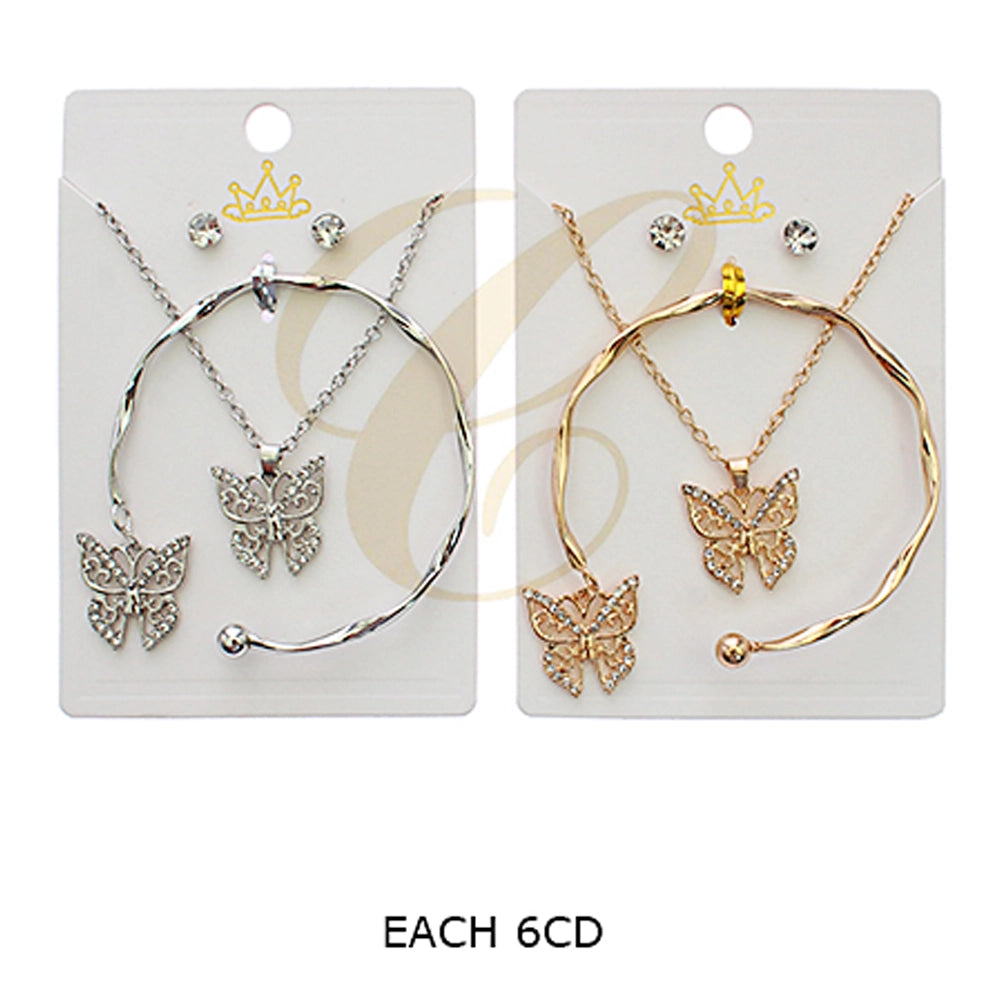 Dazzling 3-Piece Butterfly Jewelry Set: Gold Tone Rhinestone Necklace & Bracelet