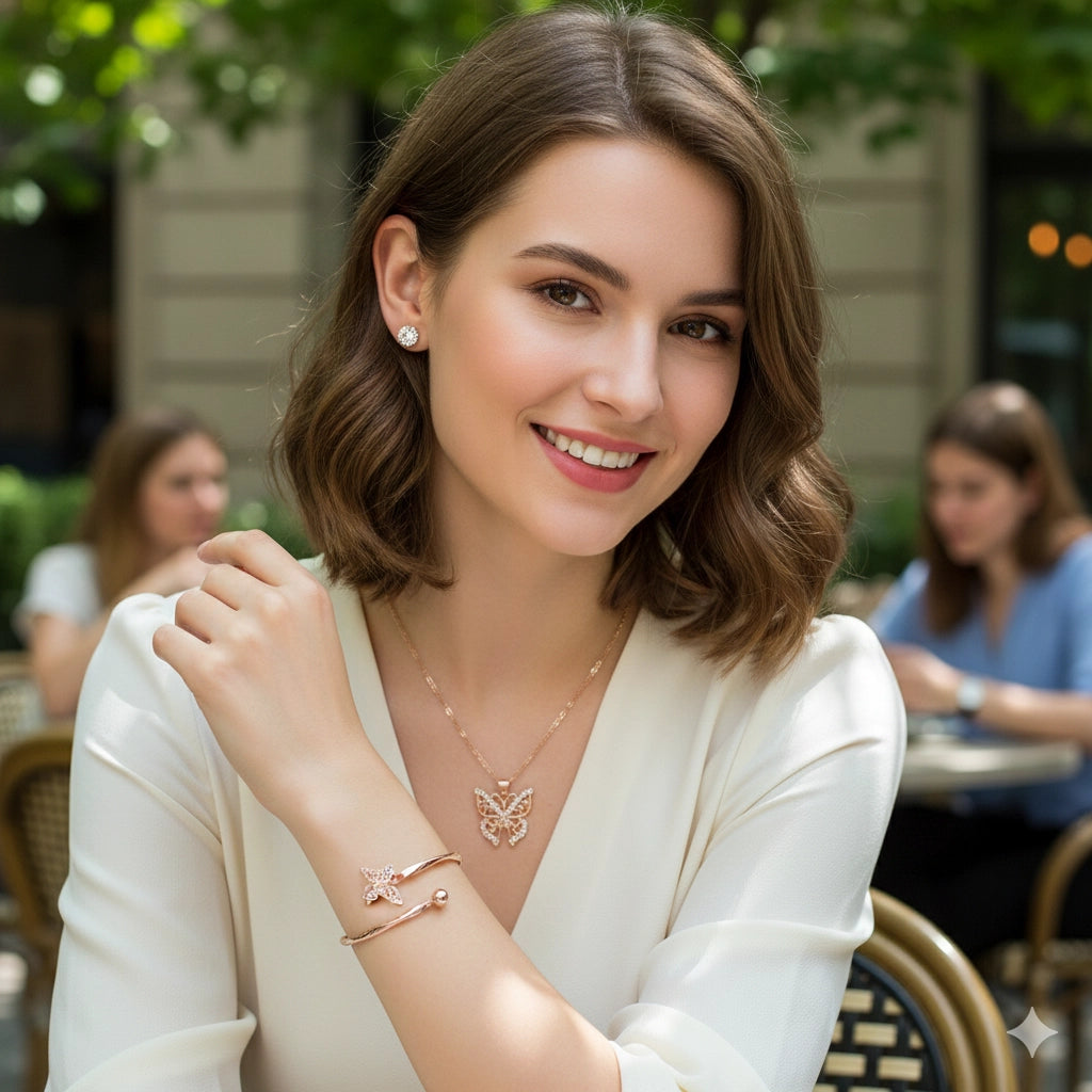 Dazzling 3-Piece Butterfly Jewelry Set: Gold Tone Rhinestone Necklace & Bracelet