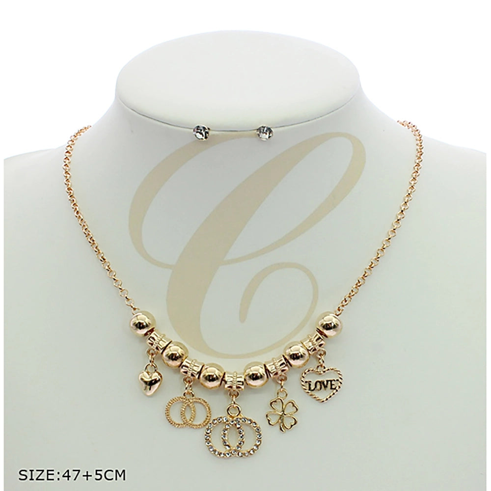 Gold & Silver Tone Charm Necklace and Stud Earring Set – Sparkling Heart, Clover, and Crystal Interlocking (RNK-0847GS)
