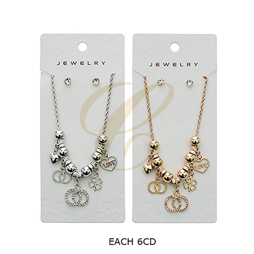 Gold & Silver Tone Charm Necklace and Stud Earring Set – Sparkling Heart, Clover, and Crystal Interlocking (RNK-0847GS)