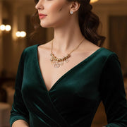 Gold & Silver Tone Charm Necklace and Stud Earring Set – Sparkling Heart, Clover, and Crystal Interlocking (RNK-0847GS)