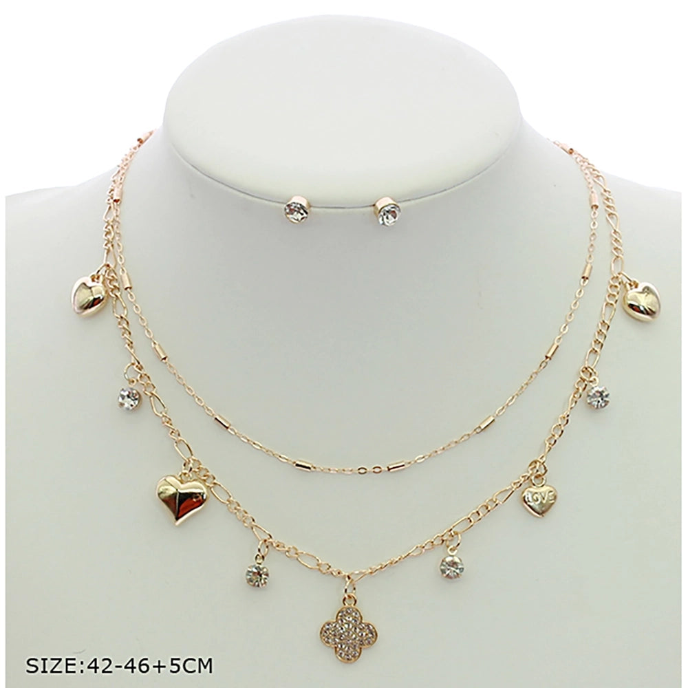 Double Layer Heart & Clover Charm Necklace Set with Crystal Stud Earrings (RNK-0848GS)