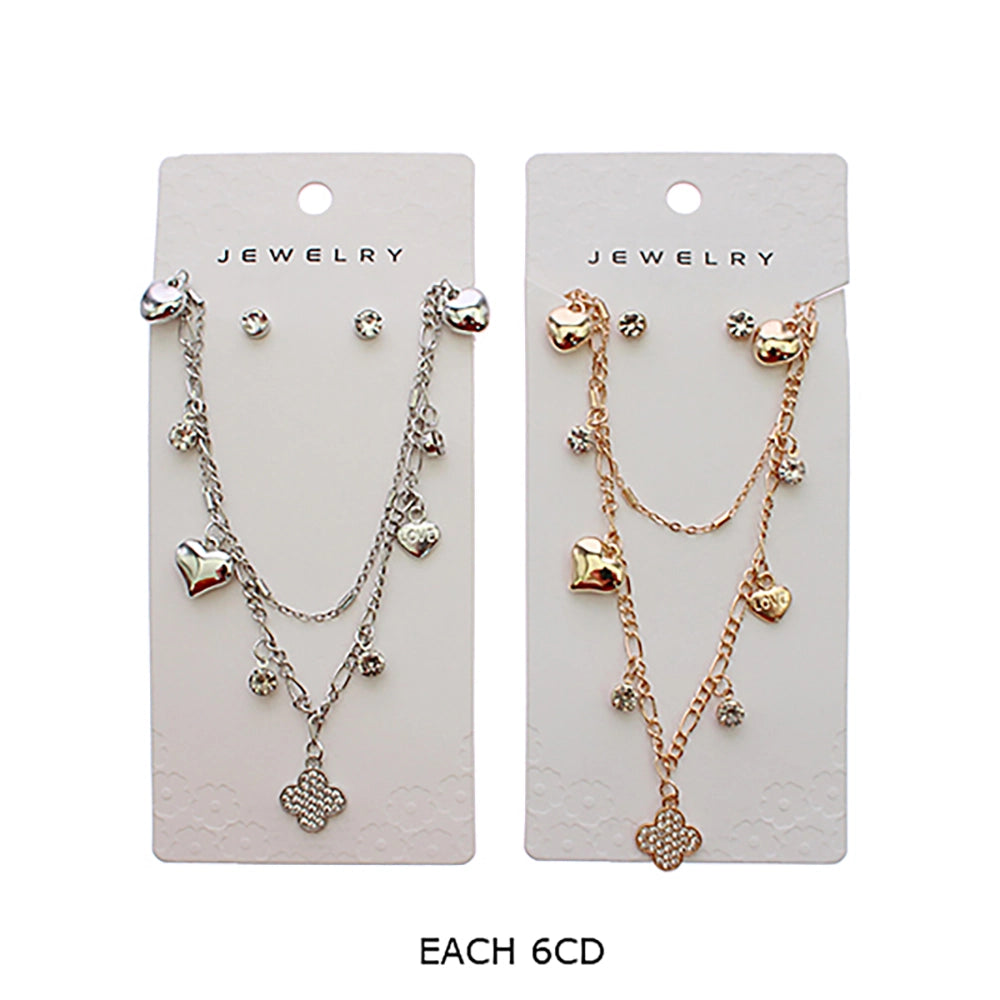 Double Layer Heart & Clover Charm Necklace Set with Crystal Stud Earrings (RNK-0848GS)