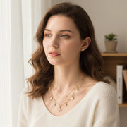 Double Layer Heart & Clover Charm Necklace Set with Crystal Stud Earrings (RNK-0848GS)