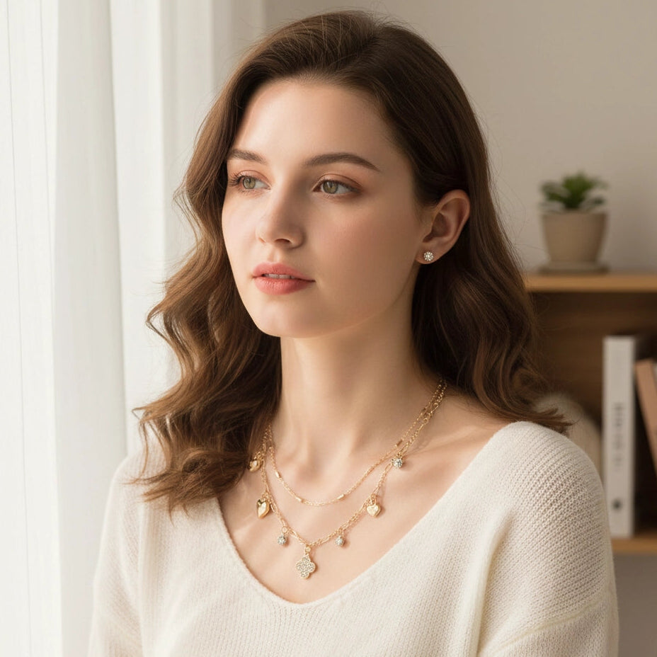 Double Layer Heart & Clover Charm Necklace Set with Crystal Stud Earrings (RNK-0848GS)