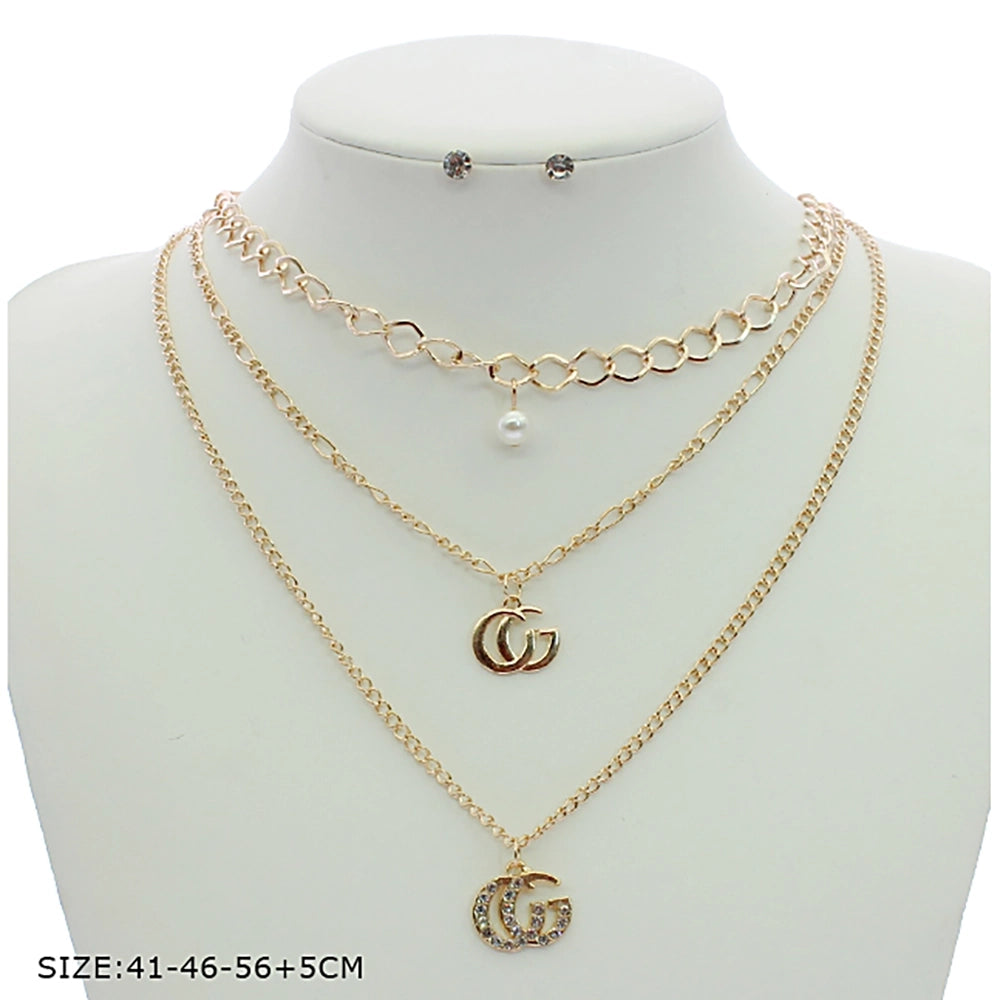Here is an SEO-friendly, trademark-free title and description for this jewelry set.  Title Triple Layered Chain Necklace Set with Faux Pearl & Monogram Pendants – Includes Matching Stud Earrings (RNK-0849GS)
