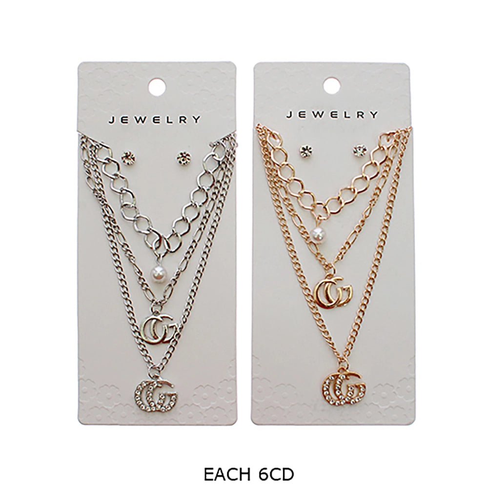Here is an SEO-friendly, trademark-free title and description for this jewelry set.  Title Triple Layered Chain Necklace Set with Faux Pearl & Monogram Pendants – Includes Matching Stud Earrings (RNK-0849GS)