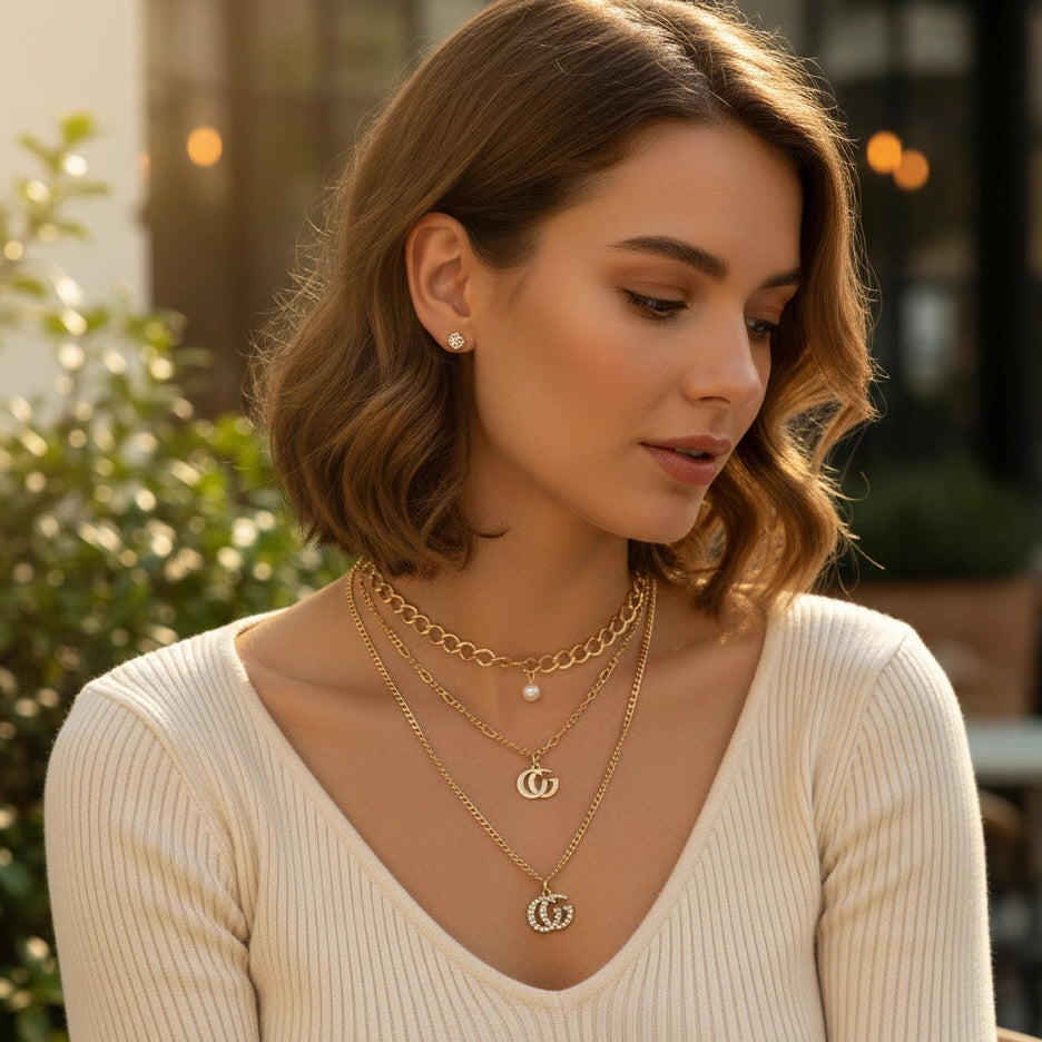Here is an SEO-friendly, trademark-free title and description for this jewelry set.  Title Triple Layered Chain Necklace Set with Faux Pearl & Monogram Pendants – Includes Matching Stud Earrings (RNK-0849GS)