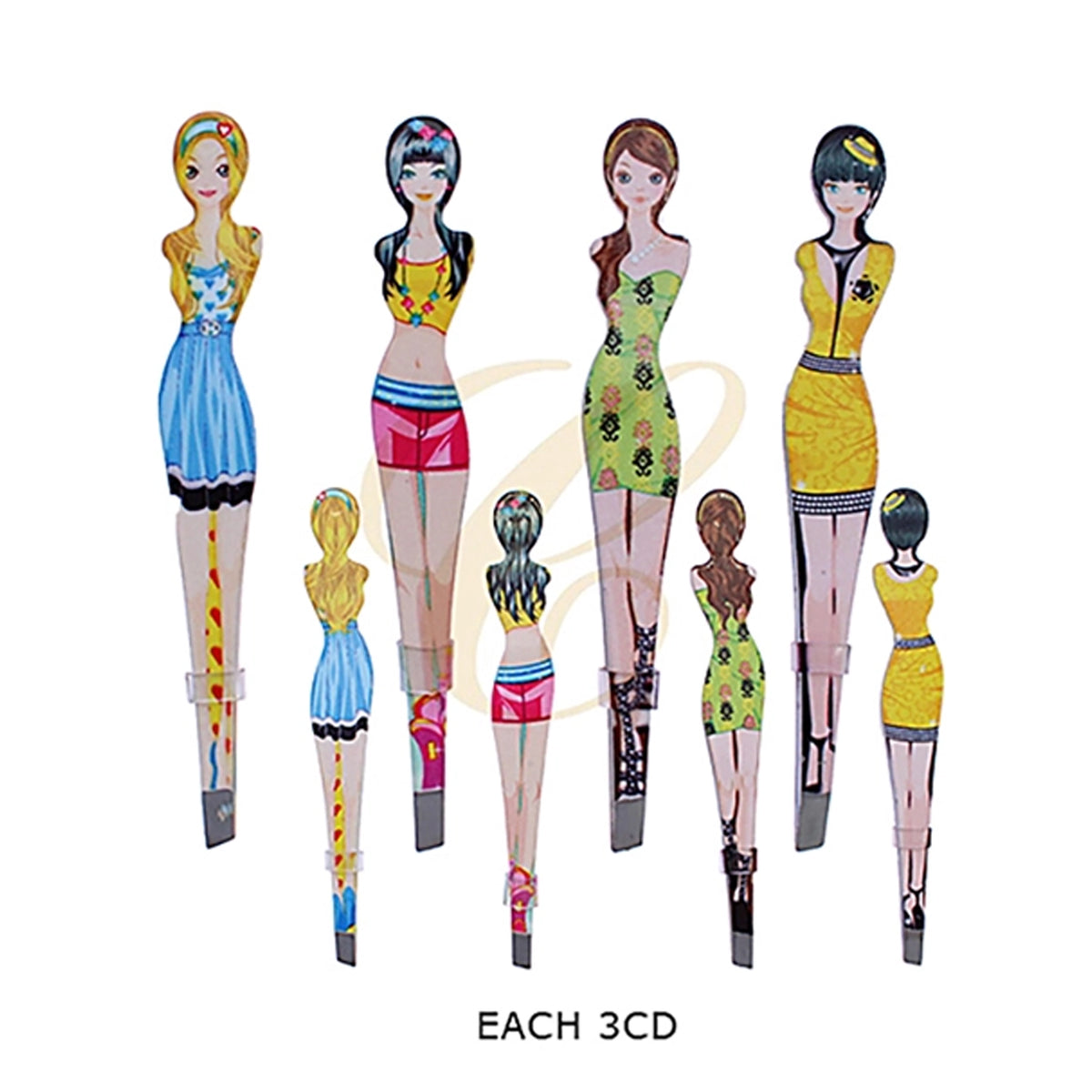 Fashion Girl Figurine Slanted Tip Eyebrow Tweezers Set | Novelty Printed Stainless Steel Beauty Tweezers Display Assortment (12pk) (RNT-0851)