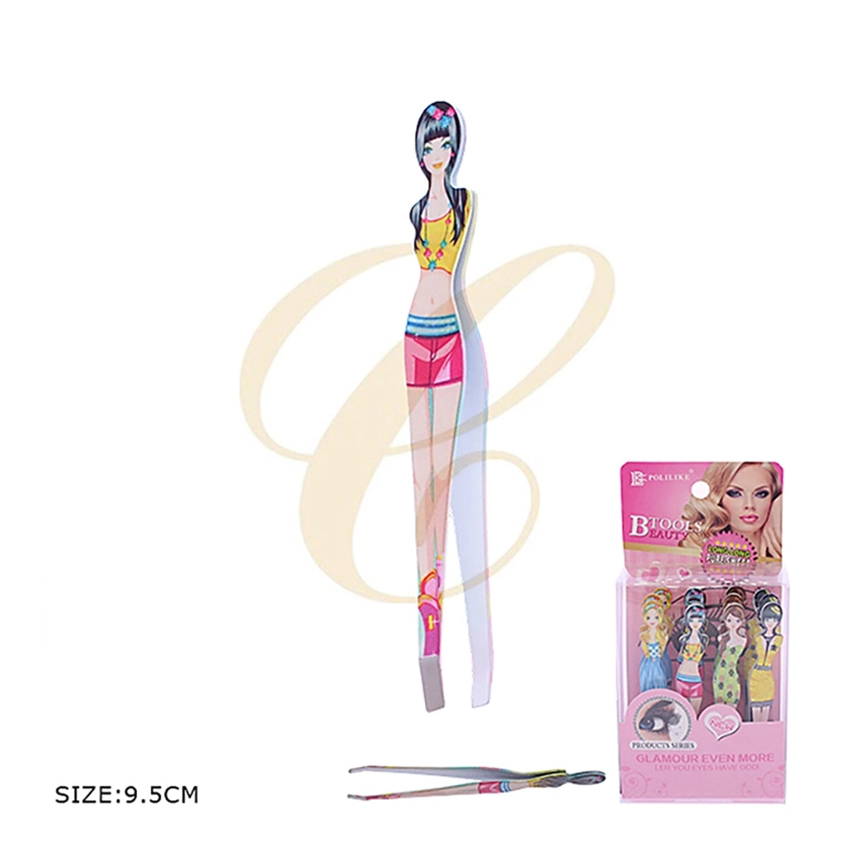 Fashion Girl Figurine Slanted Tip Eyebrow Tweezers Set | Novelty Printed Stainless Steel Beauty Tweezers Display Assortment (12pk) (RNT-0851)