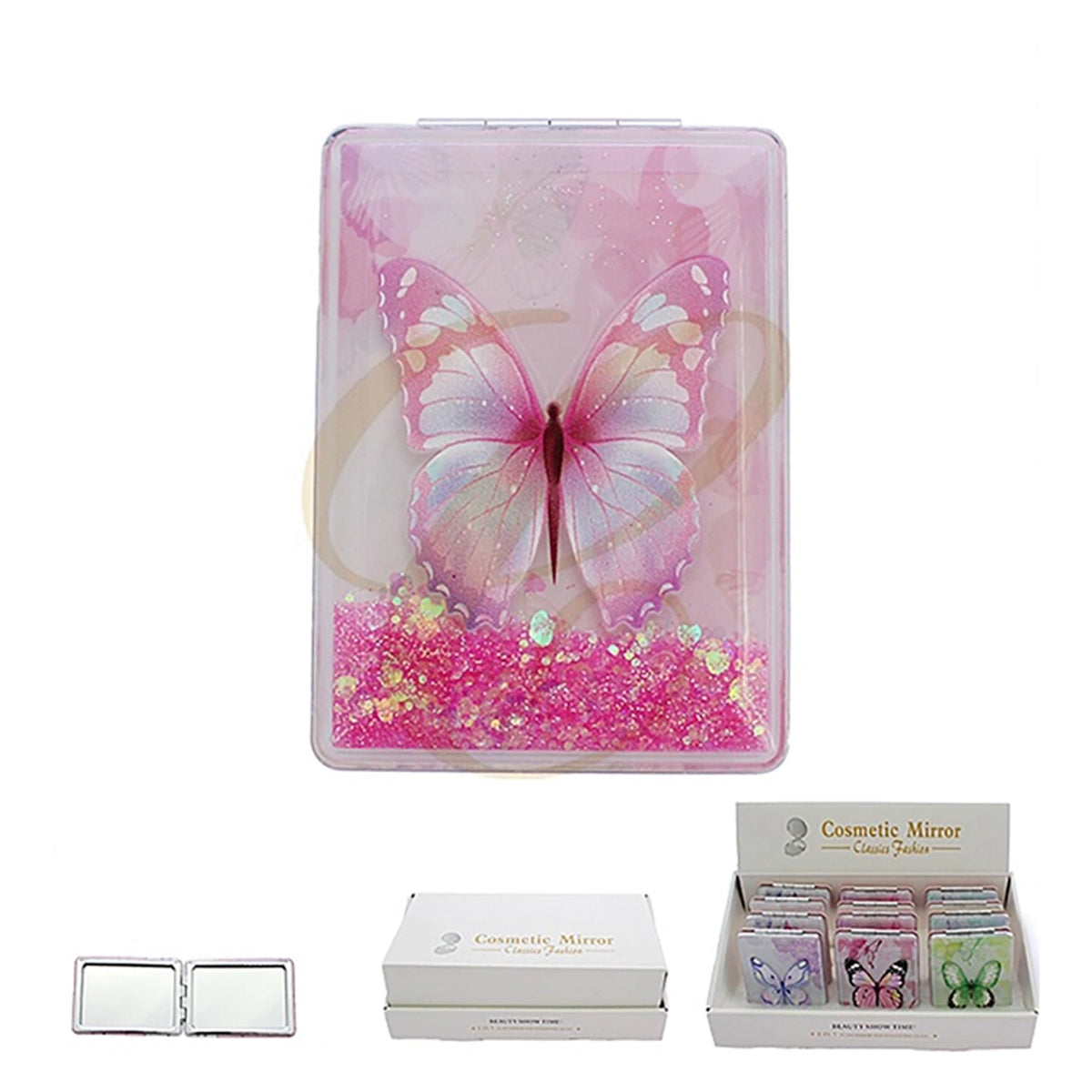 Rectangular Butterfly Liquid Glitter Quickstand Folding Compact Mirror – Dual-Sided Magnifying Beauty Mirror 12-Piece Wholesale Counter Display Box (RNT-1695R)