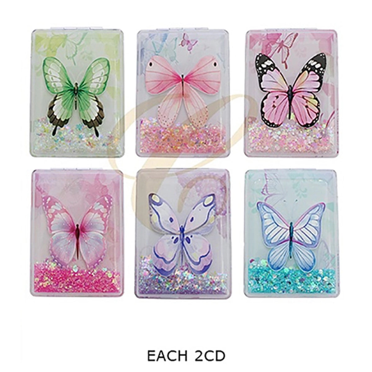 Rectangular Butterfly Liquid Glitter Quickstand Folding Compact Mirror – Dual-Sided Magnifying Beauty Mirror 12-Piece Wholesale Counter Display Box (RNT-1695R)