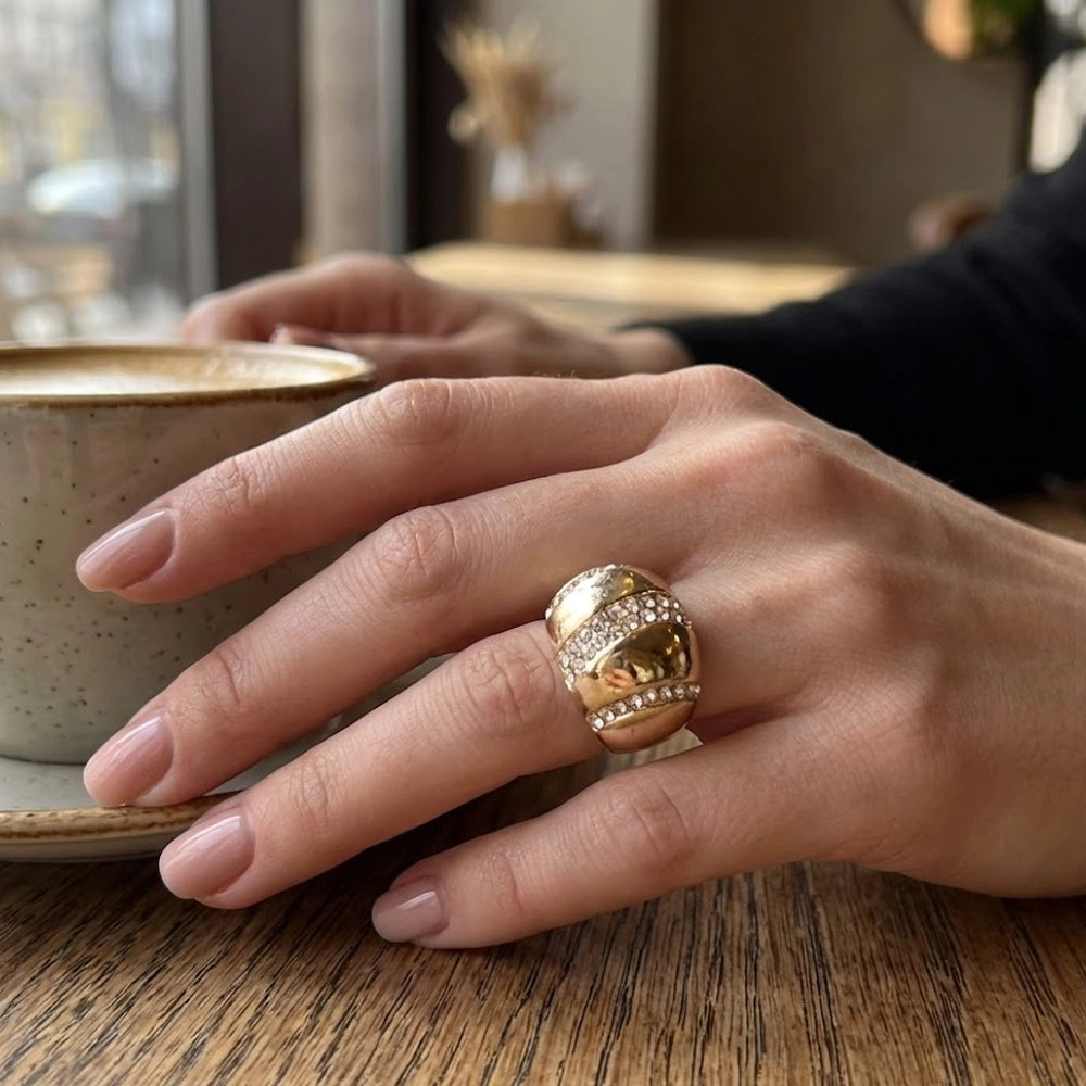 Vintage Pave Crystal Dome Statement Ring – Gold & Silver Tone (RRN-0229GS)