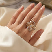 Sparkling Crystal Filigree Four-Leaf Clover Ring (RRN-0231GS)