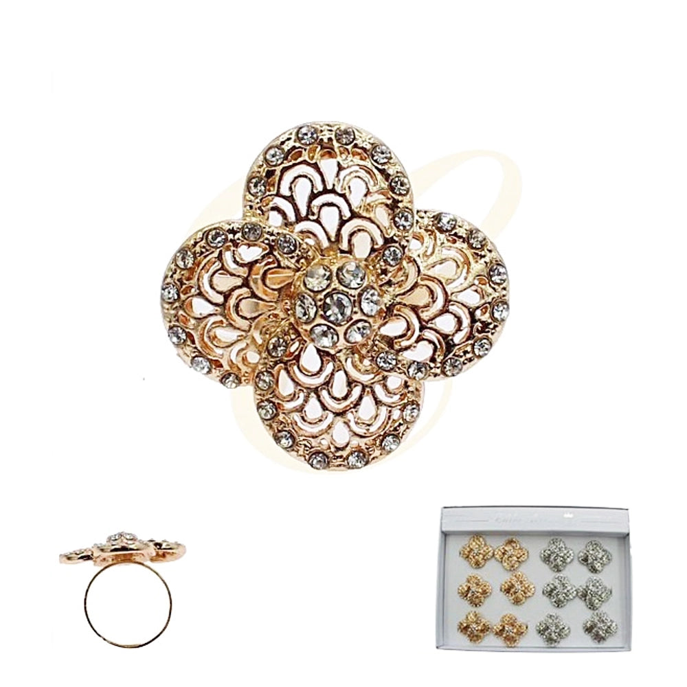 Sparkling Crystal Filigree Four-Leaf Clover Ring (RRN-0231GS)