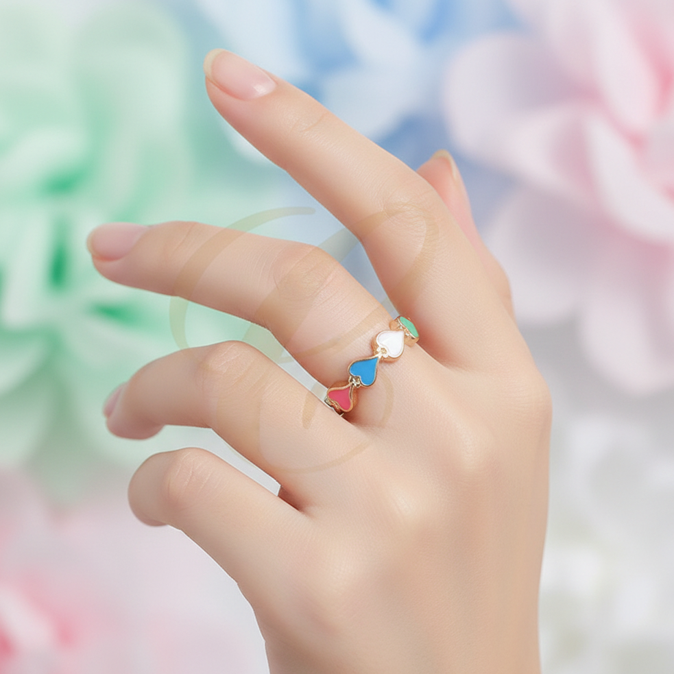 Adjustable Multi-Color Enamel Heart Band Ring – Gold & Silver Plated Stackable Friendship Ring for Women & Girls (RRN-0537R)