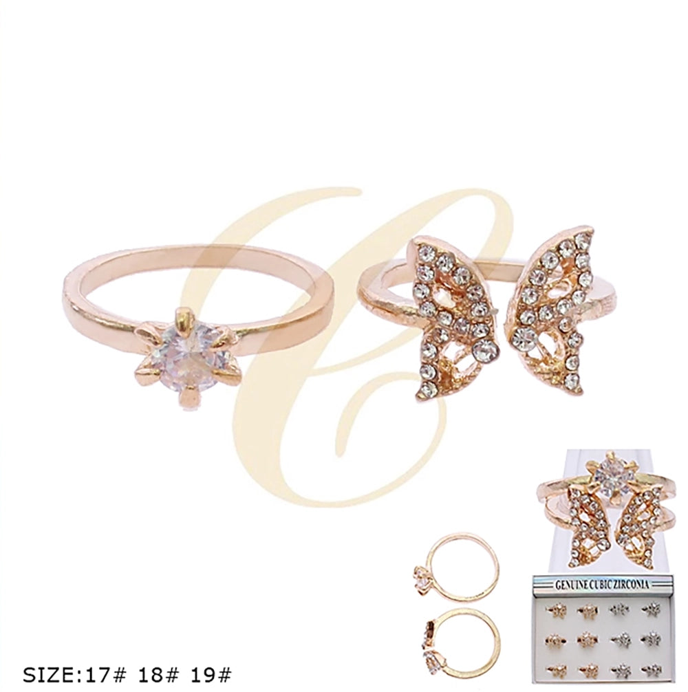 Sparkling Cubic Zirconia Butterfly & Solitaire Ring Set | Elegant Two-Piece Stackable Jewelry (RRN-0584GS)