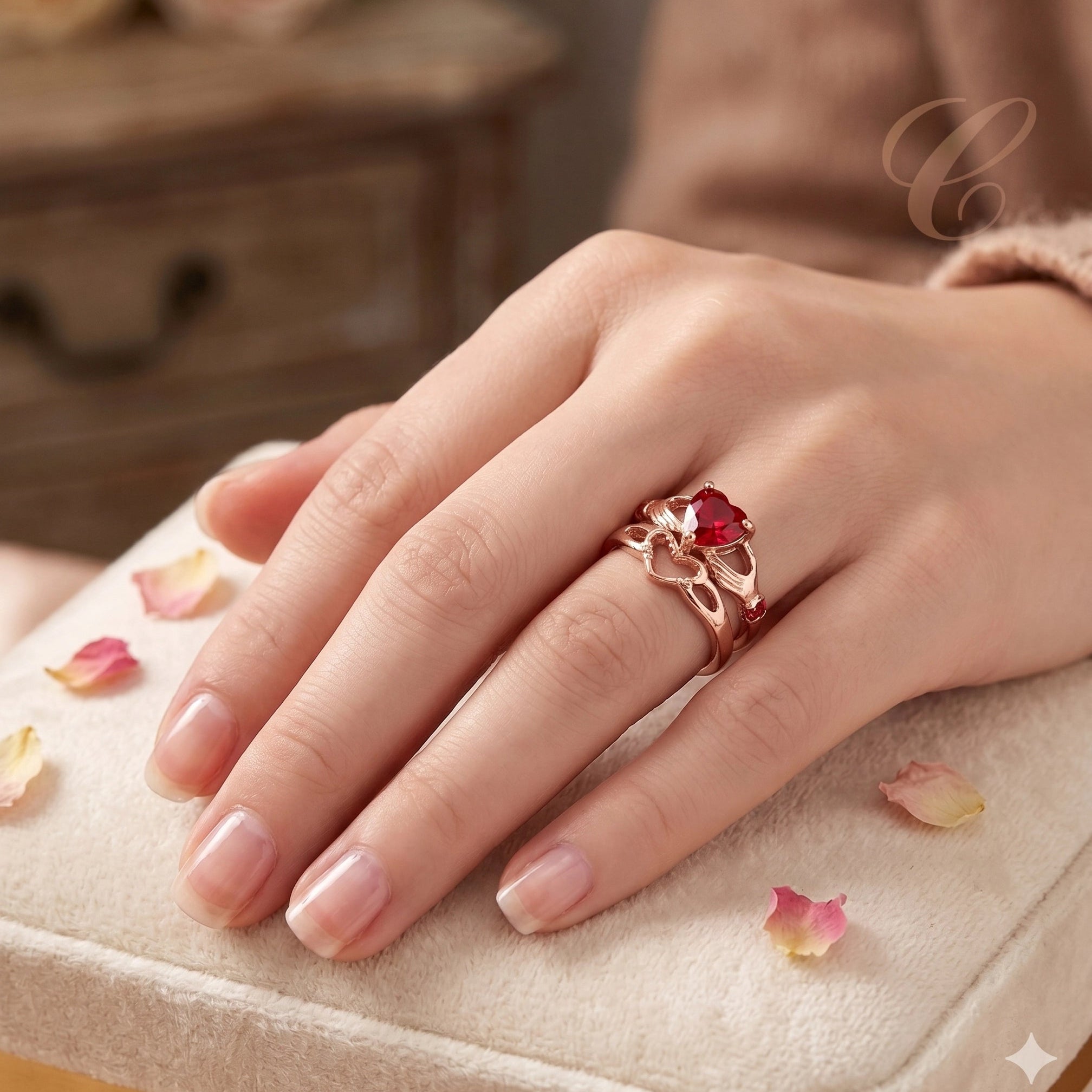 Heart-Shaped Claddagh Style Ring Set - Cubic Zirconia Promise & Friendship Rings (RRN-0630R)