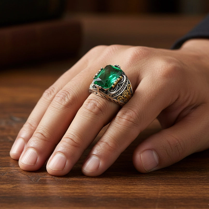 Majestic Men's Vintage Signet Ring - Antique Gold & Silver Tone Gemstone Statement Jewelry