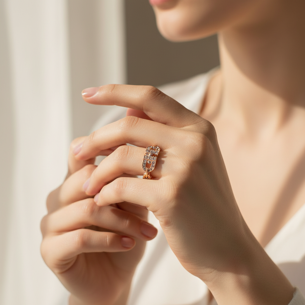 Elegant Crystal Inset Curb Chain Adjustable Rings - Gold & Silver Finish (RRN-0684GS)