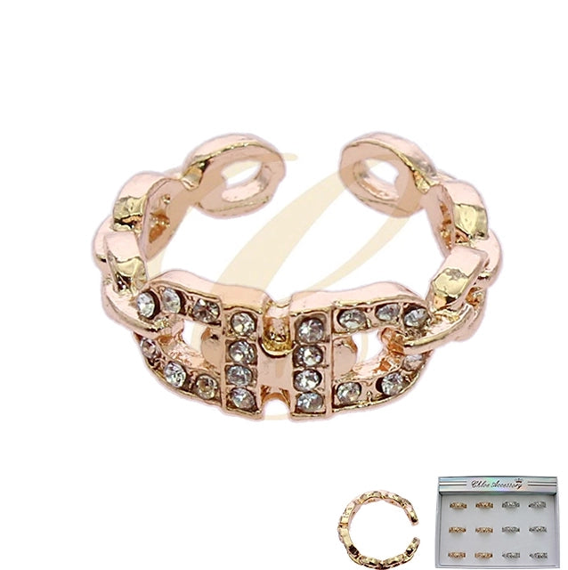Elegant Crystal Inset Curb Chain Adjustable Rings - Gold & Silver Finish (RRN-0684GS)