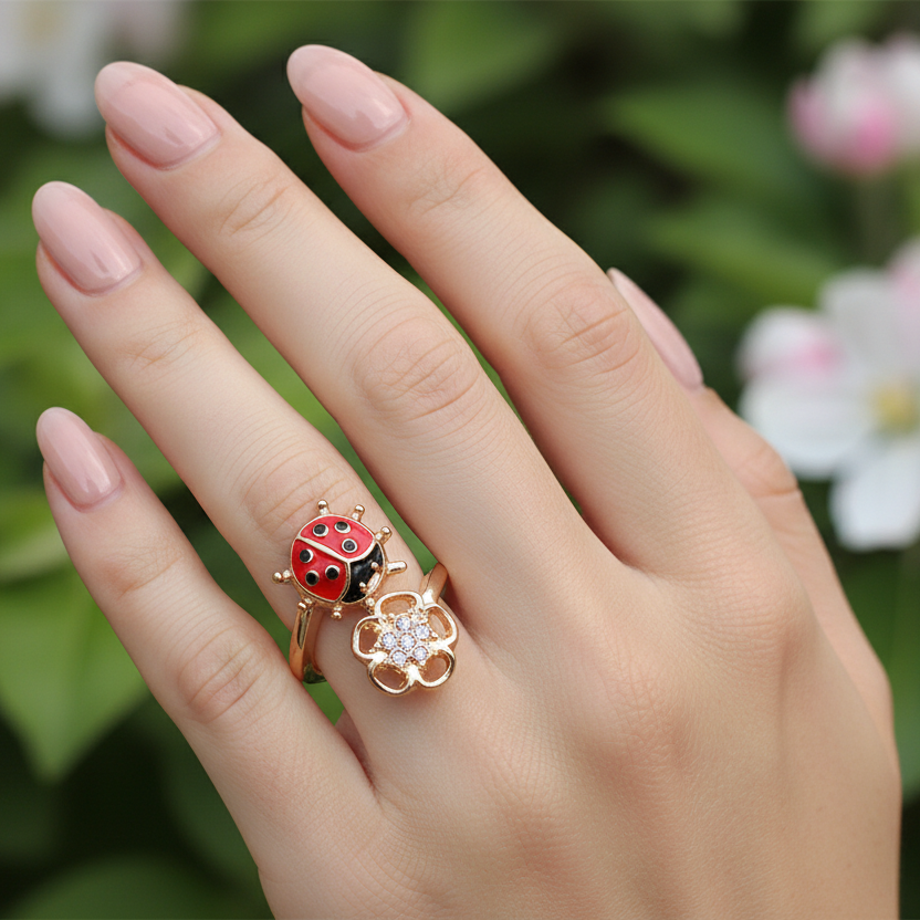 Adjustable Ladybug & Crystal Flower Bypass Ring – Gold and Silver Tones (RRN-0704GS)