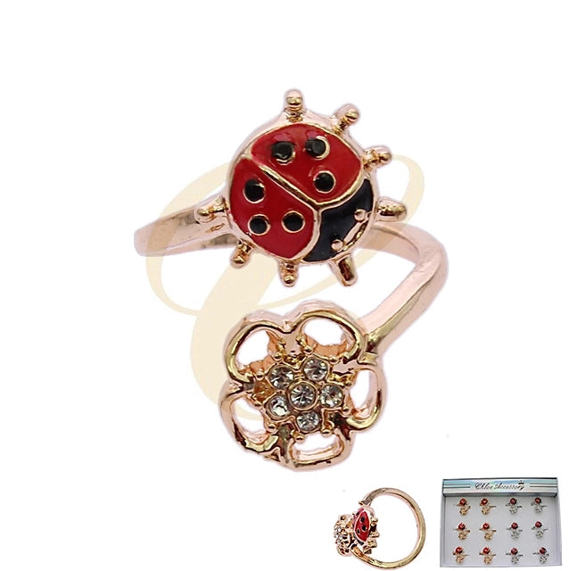 Adjustable Ladybug & Crystal Flower Bypass Ring – Gold and Silver Tones (RRN-0704GS)