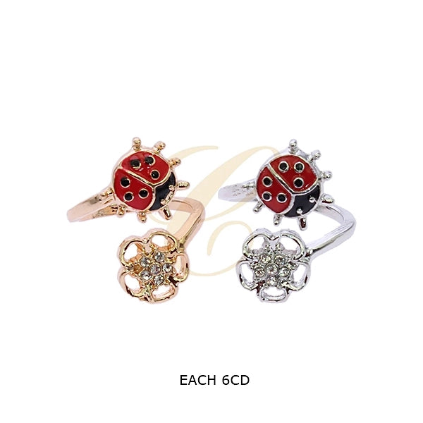Adjustable Ladybug & Crystal Flower Bypass Ring – Gold and Silver Tones (RRN-0704GS)