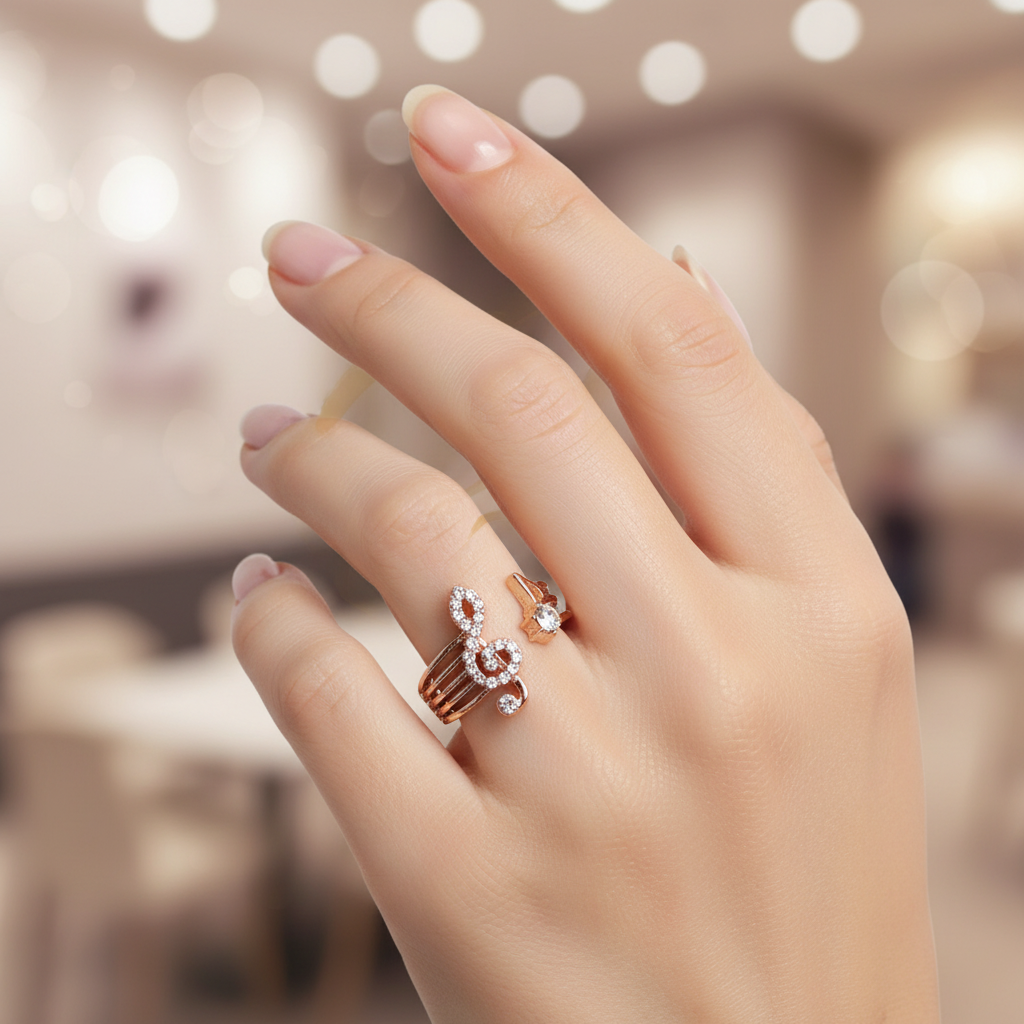 Adjustable Musical Clef Open Ring – Rhinestone Treble Clef & Eighth Note Statement Jewelry in Gold and Silver (RRN-0709GS)