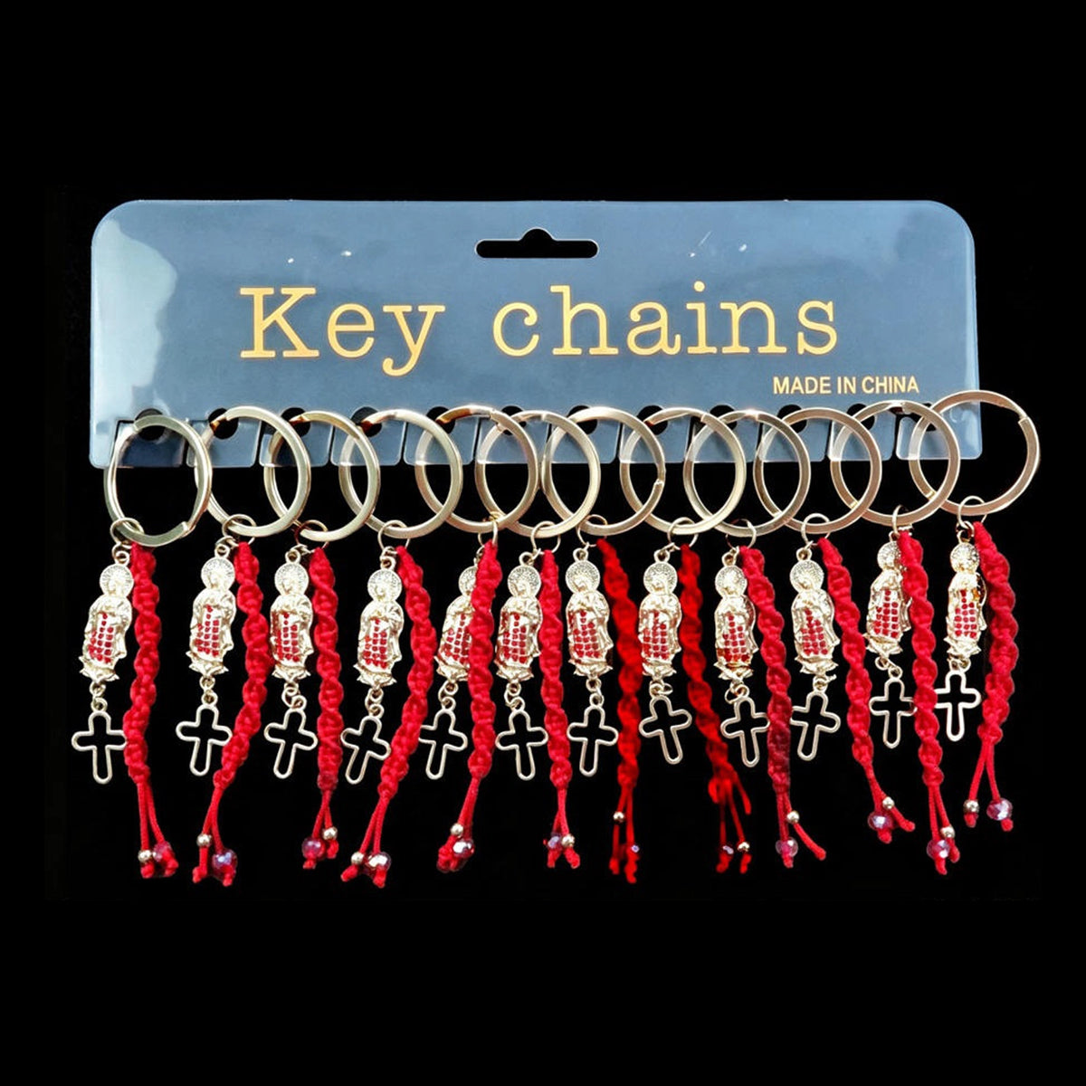 Red Braided Cross Keychain with Religious Charm – 12cm Christian Keychain, Assorted (RS309)