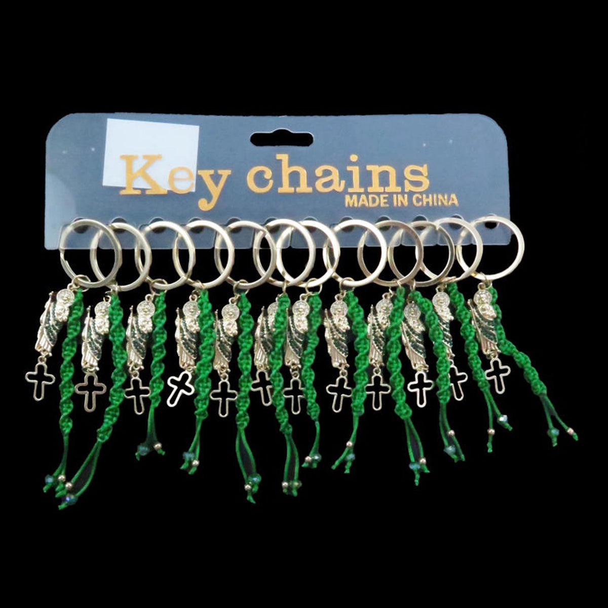 Green Braided Cross Keychain with Angel Wing Charm – 12cm Religious Keychain, Assorted (RS310)