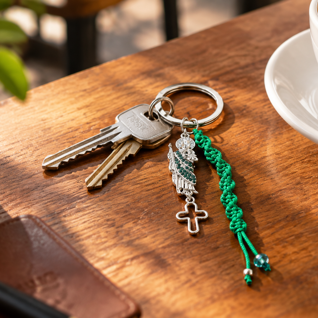 Green Braided Cross Keychain with Angel Wing Charm – 12cm Religious Keychain, Assorted (RS310)