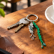 Green Braided Cross Keychain with Angel Wing Charm – 12cm Religious Keychain, Assorted (RS310)