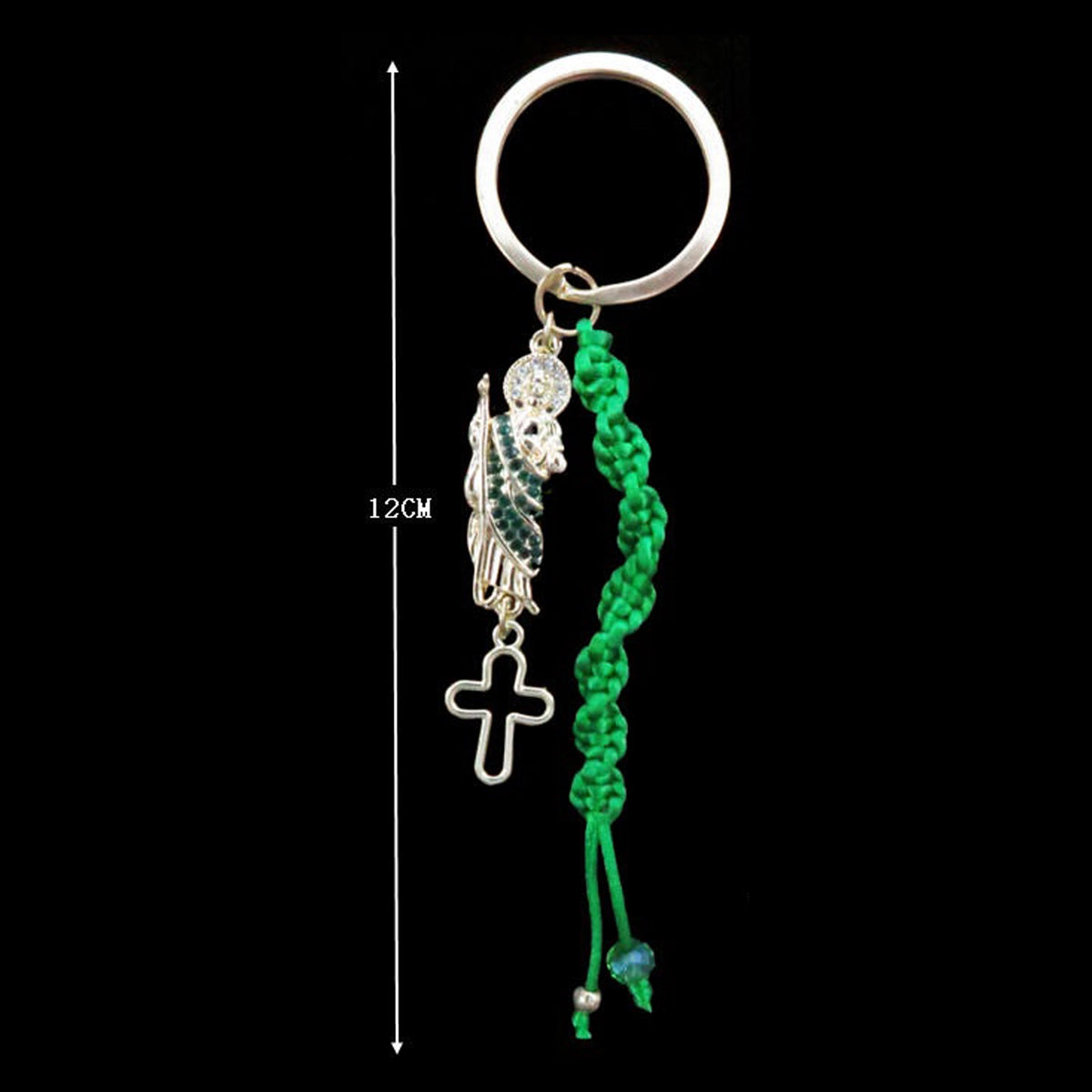 Green Braided Cross Keychain with Angel Wing Charm – 12cm Religious Keychain, Assorted (RS310)