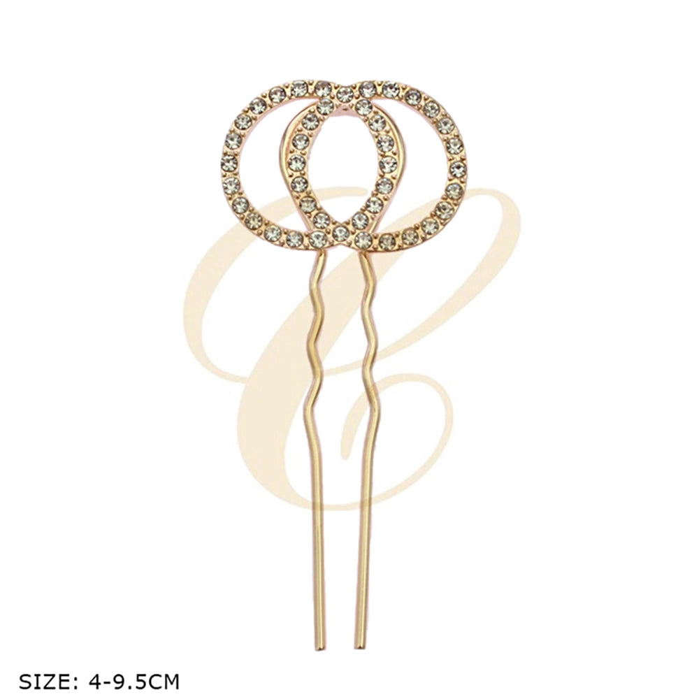 Rhinestone Interlocking Circle Hair Fork – Elegant Crystal French Pin for Buns & Updos (Gold/Silver Finish) (RST-0028GS)