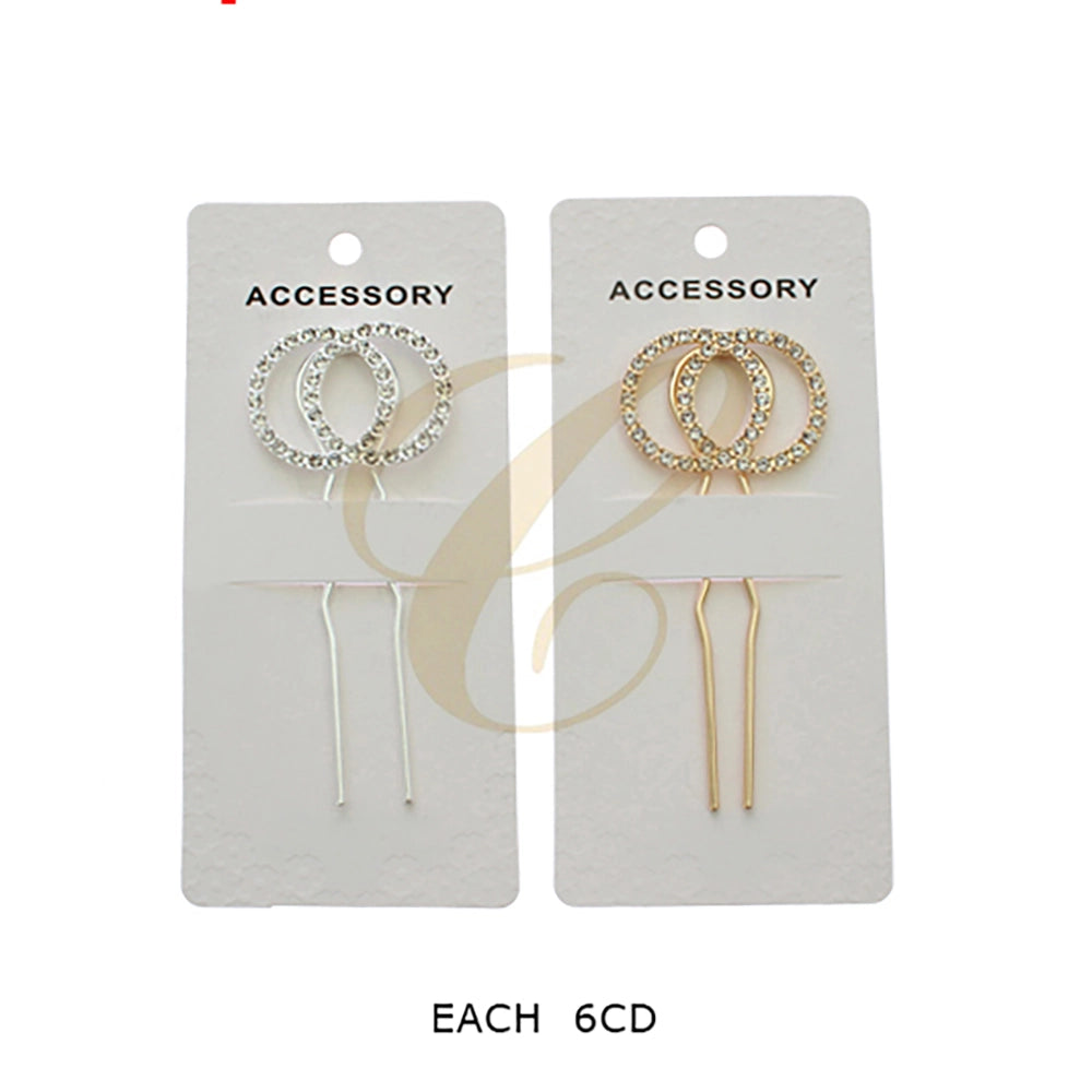 Rhinestone Interlocking Circle Hair Fork – Elegant Crystal French Pin for Buns & Updos (Gold/Silver Finish) (RST-0028GS)